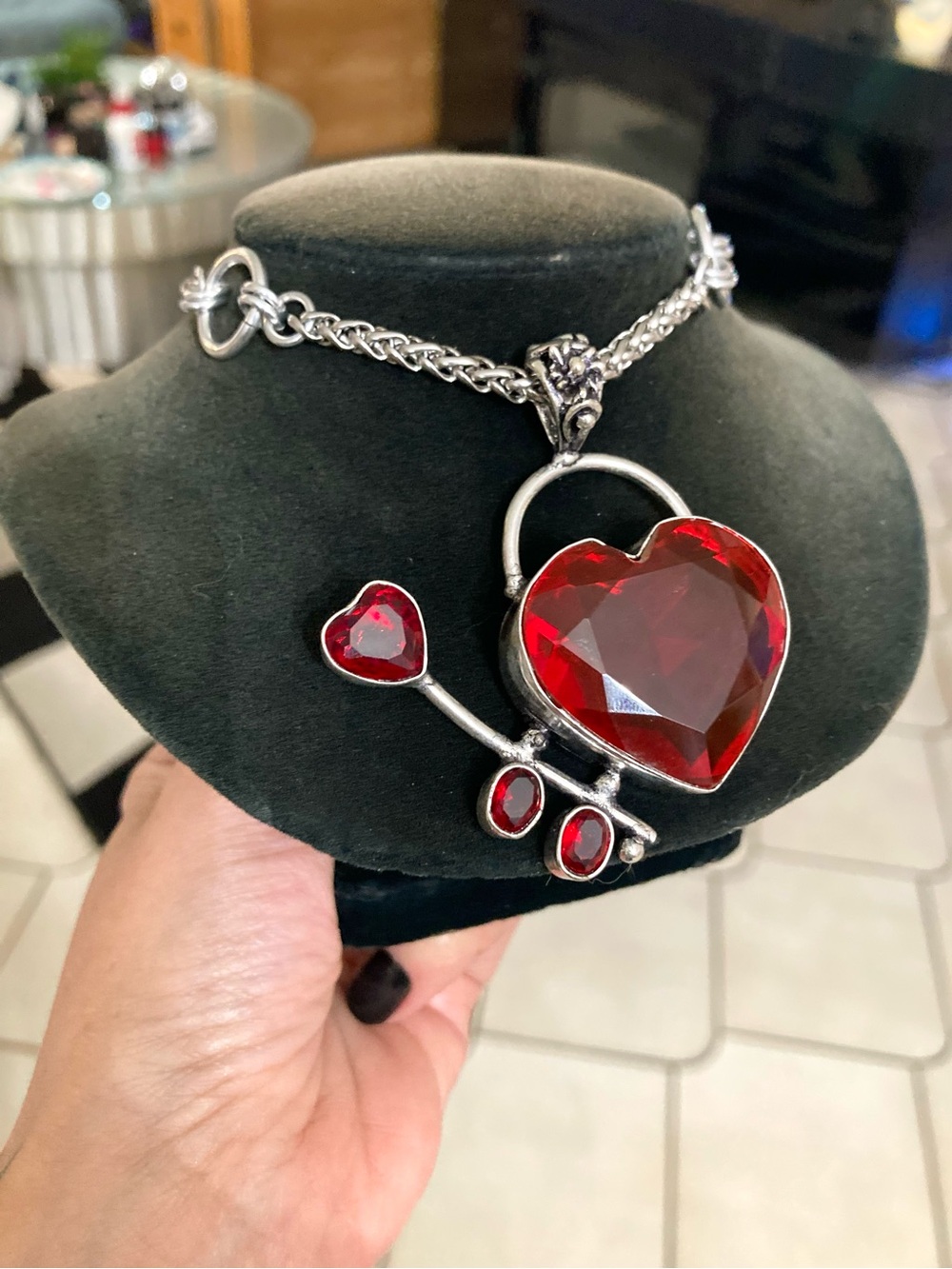 Red cubic zirconia heart arrow boho silver necklace .